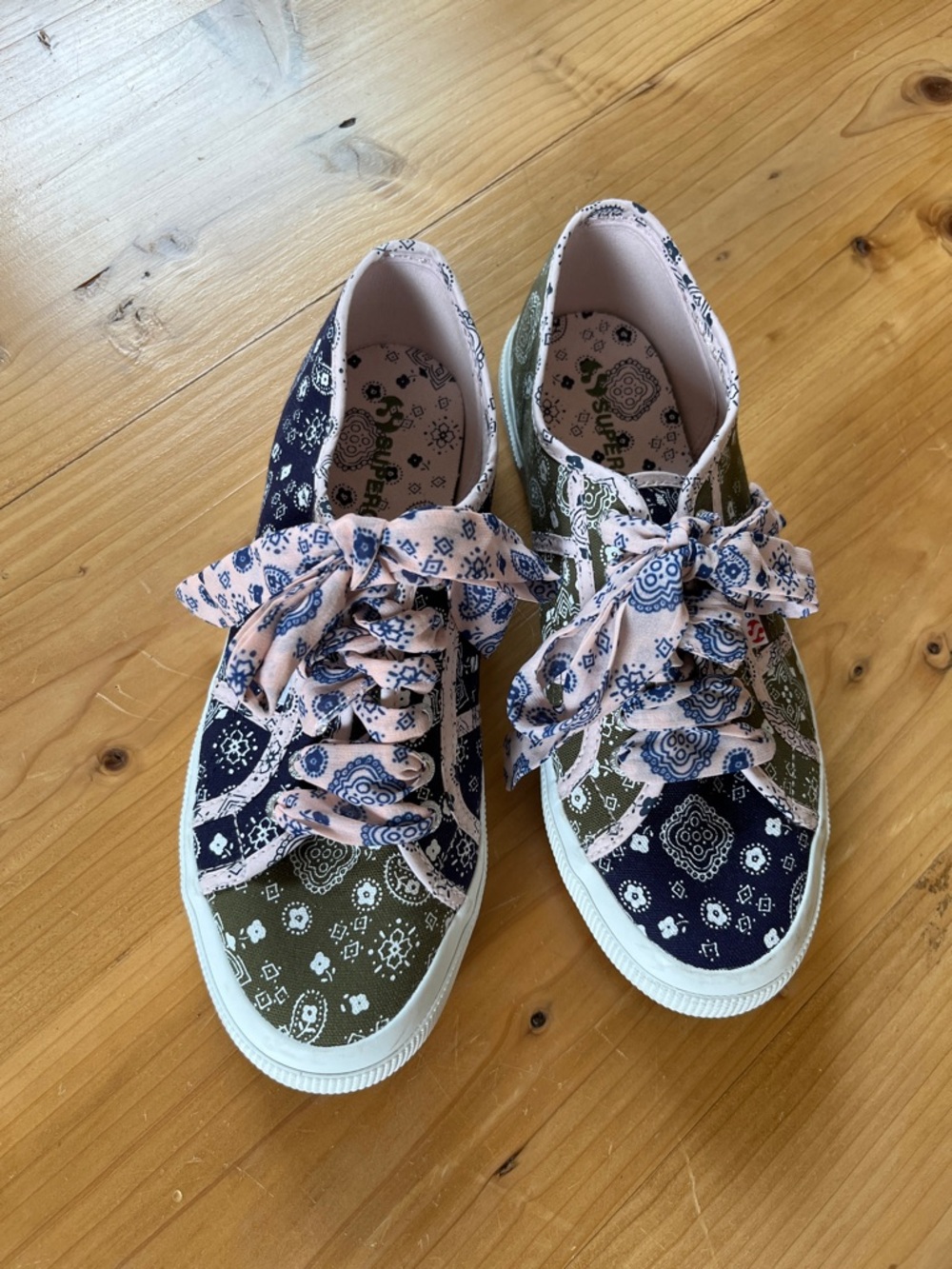 Superga Low-Top Lace Up Sneakers in Navy Blue & Olive Green Paisley Pattern
